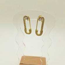 Parlak Taşlı Gold Çatal Iğne Çelik Küpe