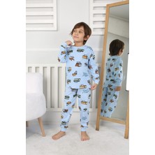 Depobu Kids Taşıtlar Baskılı  Pamuk Uzun Kollu Erkek Mavi Pijama Takımı (3,4,5,6,7,8 Yaş)