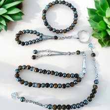 Mga Doğaltaş Doğal Taş Bileklik - Doğal Taş Tesbih - Doğal Taş Anahtarlık - Zaza Tesbih - Hematit Kaplan Gözü  Seti