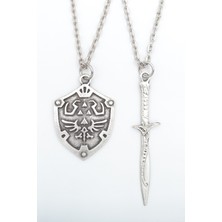 2'li The Legend Of Zelda Kalkan - Kılıç Gümüş Kaplama Kolye Seti