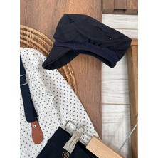 Deluxe Erkek Bebek Takım 5 Parça Şapkalı Askılı Papyonlu Gömlek ve Likralı Gabardin Pantolunlu Takım