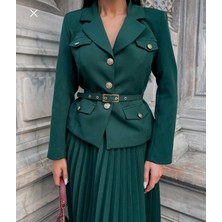 Sista Boutiquee Premium Kalite Gold Kemerli-Düğmeli Blazer Ceket ve Piliseli Uzun Etek Takım