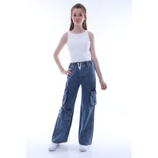 Asortix Kız Çocuk Oversize Kargo Cepli Beli Lastikli Pamuk Kot PANTOLON-PNT-0042