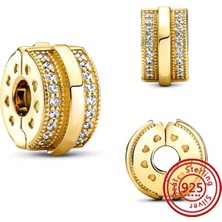 Gold Renk Sparkling Pave Lines Logo Klip Charm