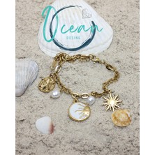 Ocean Desing Çelik Gold Renk Zincir Beyaz Sedefli Güneş Model İnci Detay Kadın Bileklik