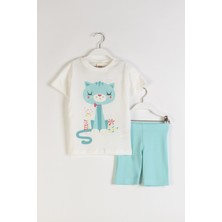 Orman Kedi Baskılı Kısa Taytlı Kız Çocuk Takım - Mavi