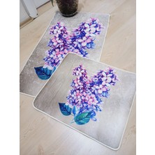 Ardizayn Çiçekler Kaymaz, Pamuk Dokuma Taban 2'li Klozet Takımı, Banyo Halısı (60X100-40X60)