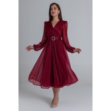 Neşeli Butik Kadın Kemerli Kruvaze Yaka Simli Gece Elbisesi NBMY3590