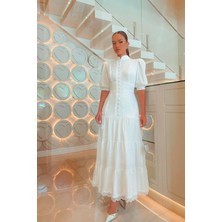 Neşeli Butik Kadın Keten Kollar Vual ve Dantel Detaylı Elbise NBEMP2677