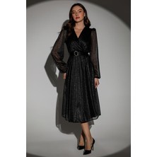 Neşeli Butik Kadın Kemerli Kruvaze Yaka Simli Gece Elbisesi NBMY3590