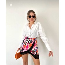 Kadın Beyaz Pembe Püsküllü ve Desenli Anvelop Etek