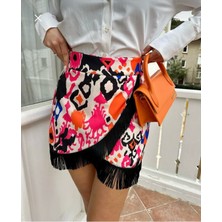 Kadın Beyaz Pembe Püsküllü ve Desenli Anvelop Etek