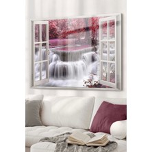Marsilyan Pencere Şelale ve Pembe Ağaçlar | Doğa Temalı Cam Tablo | 50 x 70  cm