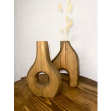 O&a Wood Doğal Ahşap Dekoratif Ikili Takım Biblo Vazo Koyu Meşe