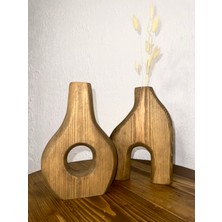 O&a Wood Doğal Ahşap Dekoratif Ikili Takım Biblo Vazo Koyu Meşe
