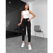 Premium Yırtık Siyah Mom Jeans