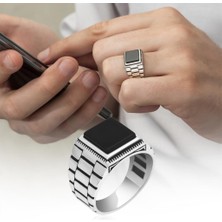 Kare Oniks Siyah Taşlı 925 Gümüş Erkek Yüzük