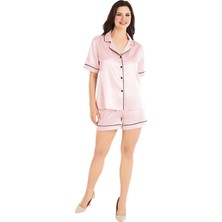 Egeteks Kadın Saten Önden Düğmeli Yakası Kolları ve Bacakları Şetirli Şortlu Pijama Takımı