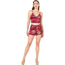 Egeteks Kadın Bordo Çicek Desenli Askılı Şortlu Pijama Takımı