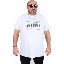 Moc Grande Erkek Büyük Beden Sıfır Yaka Tişört Awesome 25164 Beyaz