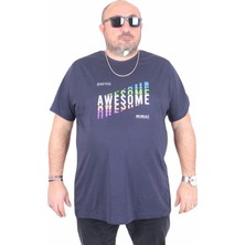 Moc Grande Erkek Büyük Beden Sıfır Yaka Tişört Awesome 25164 Lacıvert
