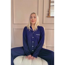 Lacivert Dublin Önden Düğmeli Uzun Kollu Kadın Pijama Takımı