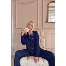 Lacivert Dublin Önden Düğmeli Uzun Kollu Kadın Pijama Takımı