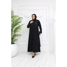 Siyah Taş Işlemeli Büyük Beden Şık Tasarım Kadın Abaya & Elbise - MF-1832