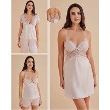 QKK Kadın Pudra Gecelik&sabahlık&şortlu Takım&pijama Takımı 6'lı Saten Gelin Çeyizlik Set Q8.7.4.1dkukch