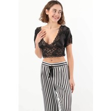 Kadın Saten Siyah Çizgili Büstiyer&pijama Alt Pijama Takımı Q.u.6o1.k.6.k3.a