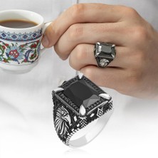 Kartal Motifli Kare Siyah Taşlı 925 Gümüş Erkek Yüzük