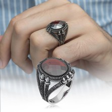 Oval Kırmızı Taşlı 925 Gümüş Erkek Yüzük