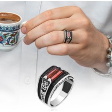2 Sıra Kırmızı Taşlı 925 Gümüş Erkek Yüzük