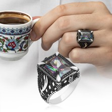 Zülfikar Desenli Kare Mistik Topaz Taşlı 925 Gümüş Erkek Yüzük