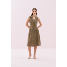 Kruvaze Görünümlü Beli Kemerli Midi Boy Keten Elbise Haki Y2511040_023