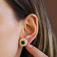 Necati Gün Yuvarlak Gold Yeşil Taşlı Gold Gümüş Küpe