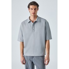 Grimelange Jucka Erkek Kısa Kollu Çıtçıt Kapamalı Oversize Fit Polo Yaka Gri T-Shirt