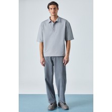 Grimelange Jucka Erkek Kısa Kollu Çıtçıt Kapamalı Oversize Fit Polo Yaka Gri T-Shirt