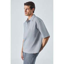 Grimelange Jucka Erkek Kısa Kollu Çıtçıt Kapamalı Oversize Fit Polo Yaka Gri T-Shirt