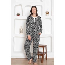 Alimer Kadın Çiçek Desen Bisiklet Yaka 3 Düğmeli Pamuk Penye Ince Yazlık Uzun Kol Pijama Takımı