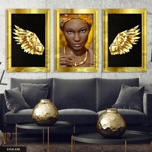 Evine Moda Melek Kanadı Afrikalı Kadın  3 Parça Gold Pleksi Aynalı Tablo