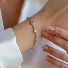 Necati Gün Pembe Zirkon Taşlı Kalpli Gümüş Bileklik