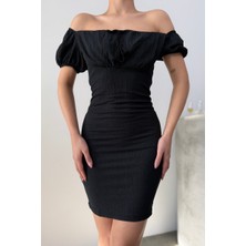 Msm Fashion Kadın Elbise Mini Yazlık Kısa Kollu Yaka Detaylı Esnek Bodycon Elbise