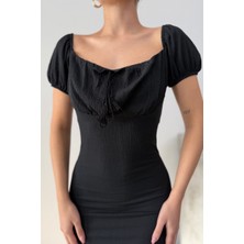 Msm Fashion Kadın Elbise Mini Yazlık Kısa Kollu Yaka Detaylı Esnek Bodycon Elbise
