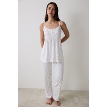 Lana Printed Pantolon Kırık Beyaz Pijama Takımı