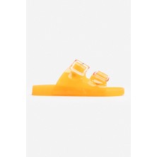 Nişantaşı Shoes Marlowe Şeffaf Turuncu Çift Toka Detay Düz Taban Kadın Terlik