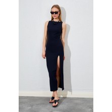 Tena Kadın Siyah Belden Oturtmalı Uzun Yırtmaçlı Elbise