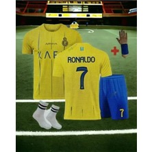 All Nassr Ronaldo Iç Saha Sarı Takım Çocuk Alt-Üst Takım T-Shrt +Şort+Çorap+Bileklik