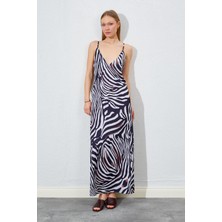 Tena Kadın Zebra Desen Ip Askılı Garnili Saten Uzun Elbise