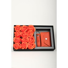 Watch of Royal Çiçekli Hediye Seti Deri Buttero Turuncu Cüzdan&anahtarlık